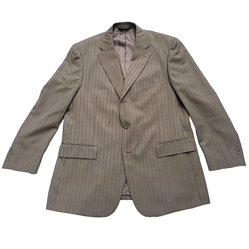 Paulo Solari Polyester Blazer Sport Jacket Mens 44L Tan Pinstripe Lined